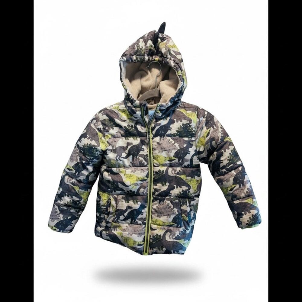 Wippette Kids Size 7 Dinosaur Camo Hooded Puffer Jacket Fleece Lined Winter Coat